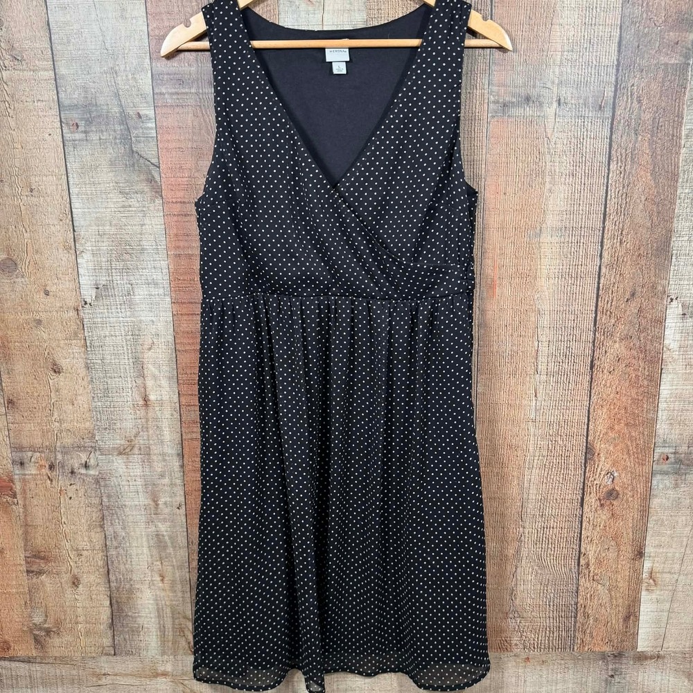 Merona Polka Dot Dress Large Black White Sleeveless Wrap Front Office Midi